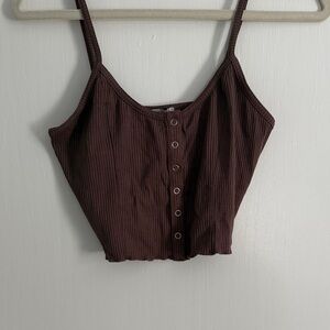 Love Tree Dark Brown Ribbed Button-Up Crop Top